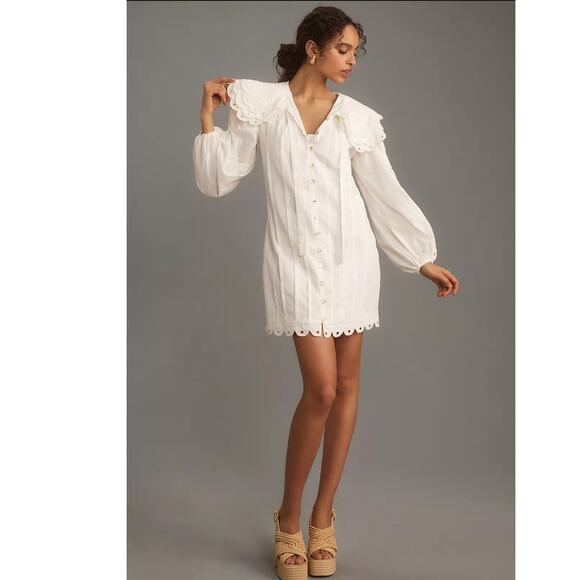 NWT Farm Rio Long-Sleeve Embellished Collared Mini Dress $248 SMALL White Cotton - Picture 1 of 3